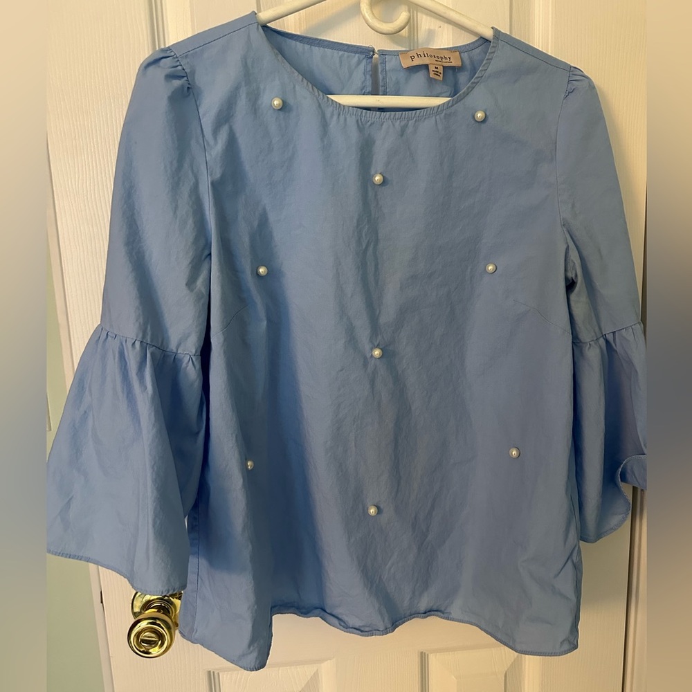 Philosophy Light Blue Pearl-Accented Bell Sleeve Blouse